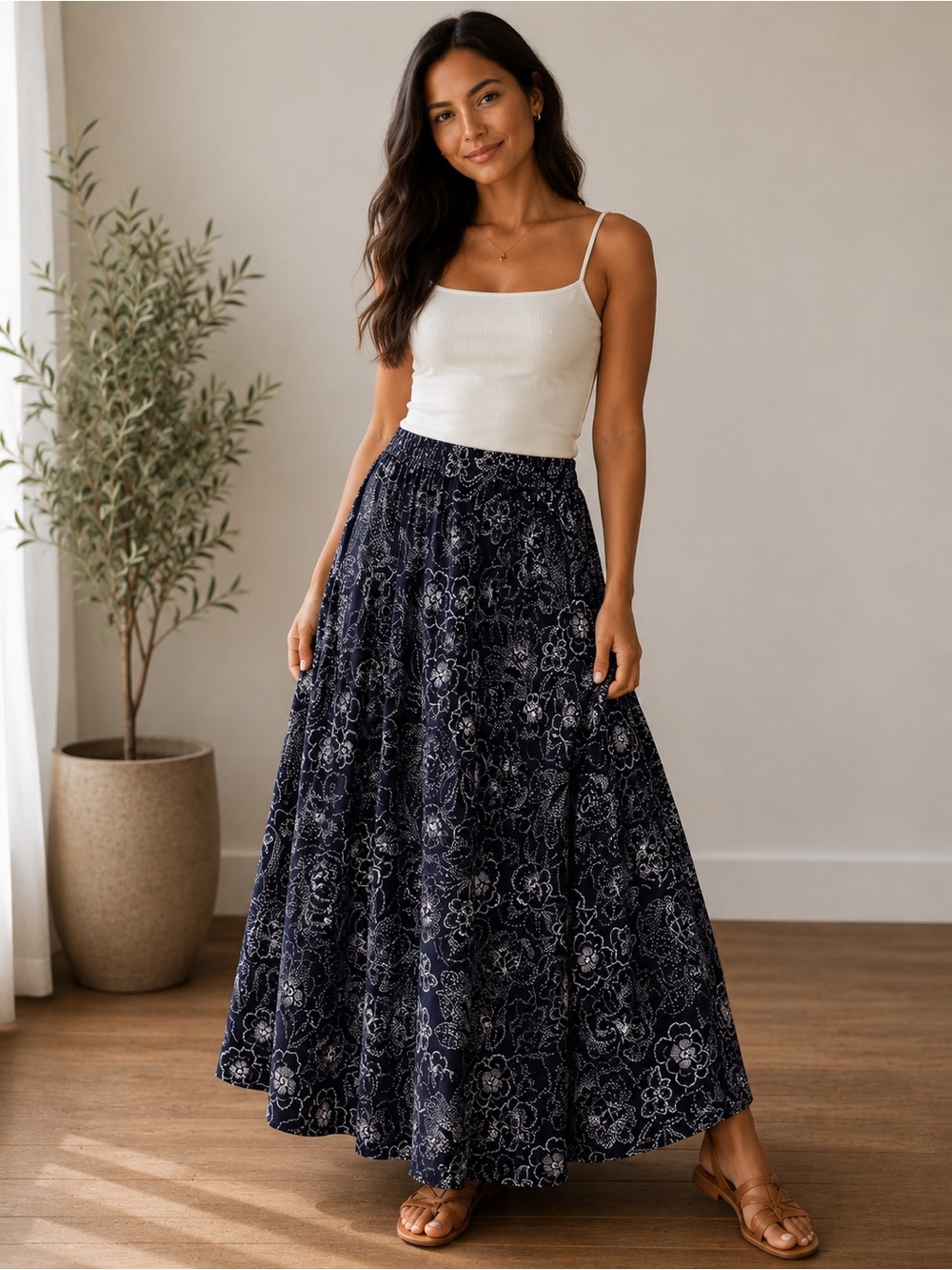 NWT Banana Republic Dark Blue Floral Tiered Maxi Skirt